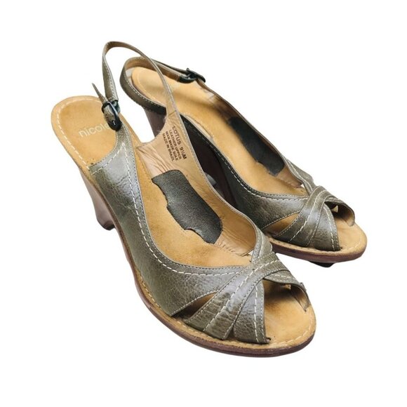 Nicole Lotus Peep Toe Leather Olive wedge Sandals Women size 9.5 - Picture 2 of 15